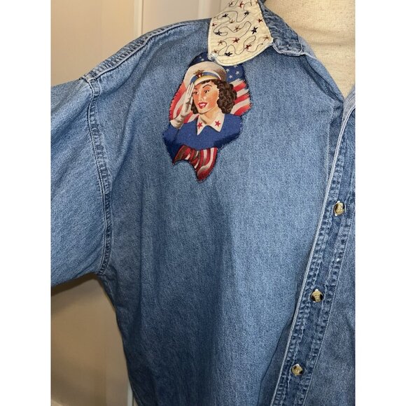 Womens Embellished Denim Blue Jean XL Top Quilt Pin Up Girl Quilter USA Patriot - Picture 3 of 16